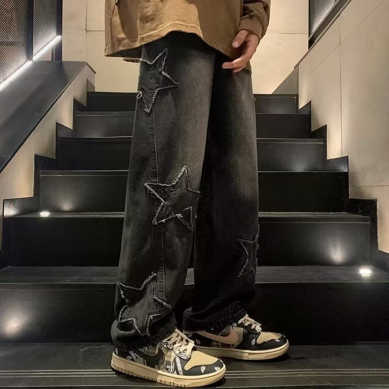 Men's Star Patchwork Loose Straight Leg Jeans