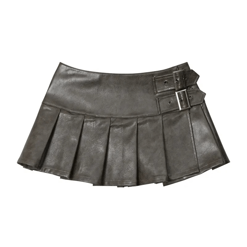 Vintage Buckle Detail Pleated Leather Mini Skirt