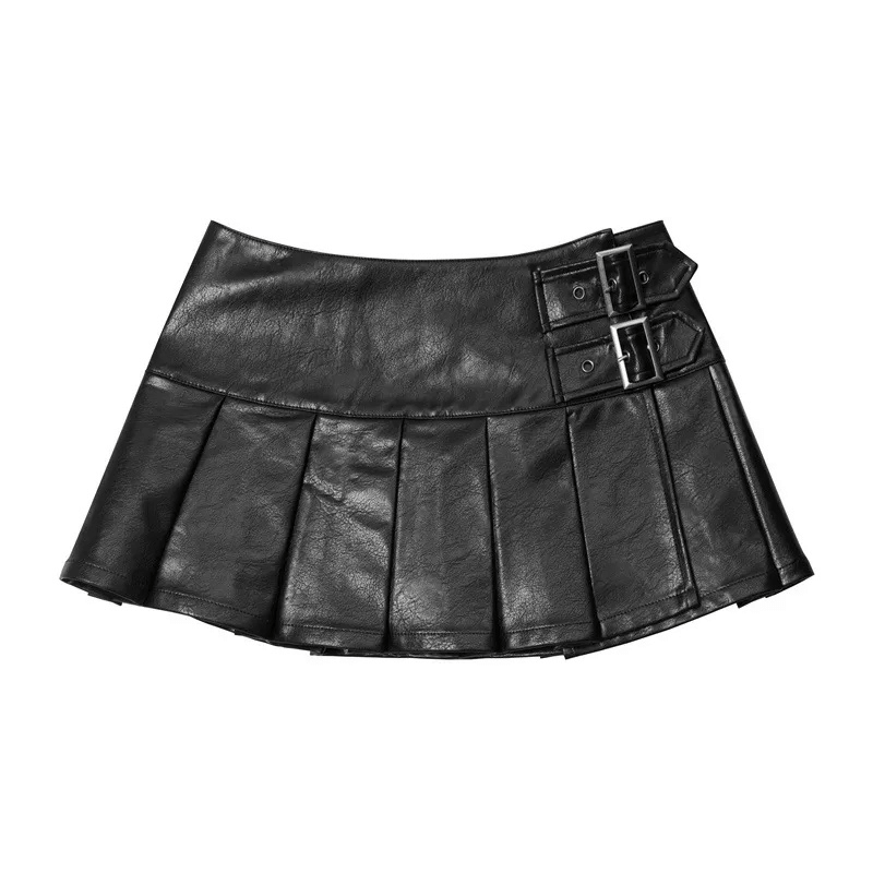 Vintage Buckle Detail Pleated Leather Mini Skirt