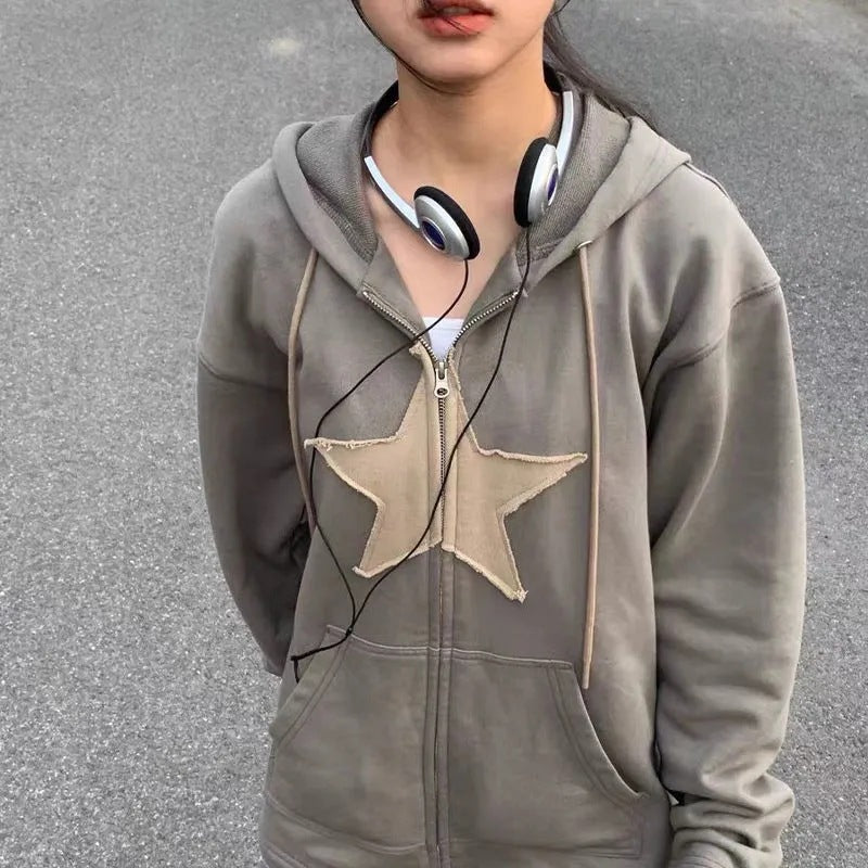 Vintage Star Patch Baggy Zip Up Hoodie