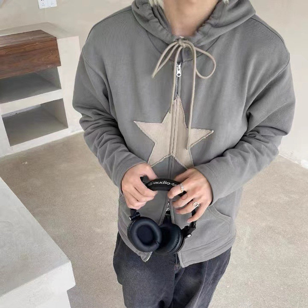 Vintage Star Patch Baggy Zip Up Hoodie