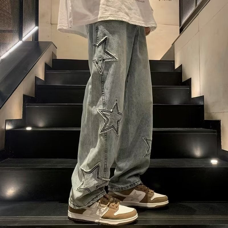 Men's Star Patchwork Loose Straight Leg Jeans
