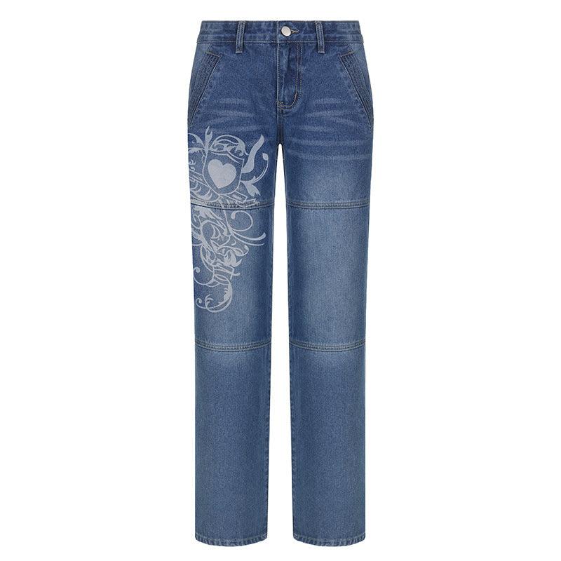 Loose Trousers Low-rise Pleated Heart-print Washed Jeans - Darlie Boutique