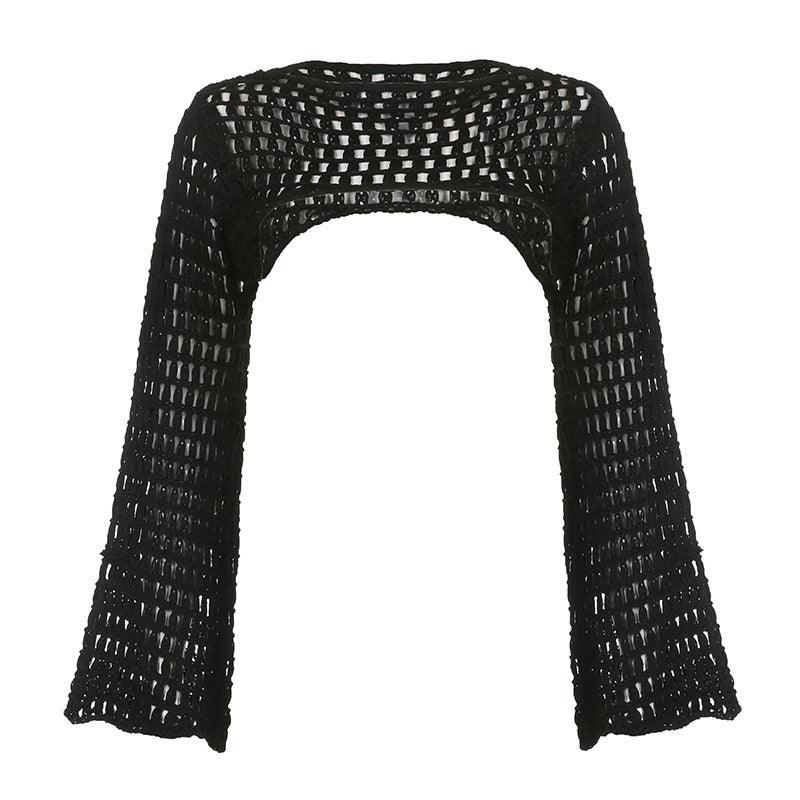 Loose Flare Long Sleeve Short Solid Hollow Sweater - Darlie Boutique